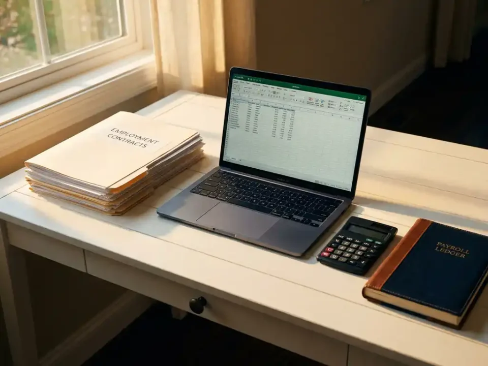 Nette bureau met arbeidscontracten, open laptop, rekenmachine en salarisadministratie in warm middaglicht.