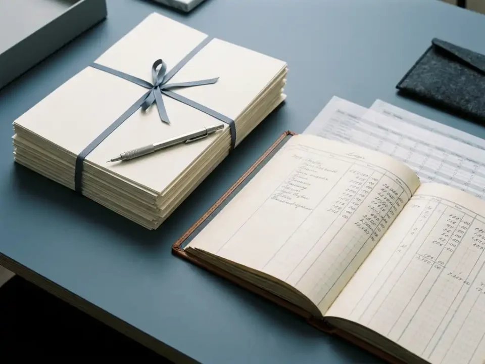 Stapel arbeidscontracten naast een open salarisadministratie op een modern bureau, met een mechanisch potlood en georganiseerde mappen.