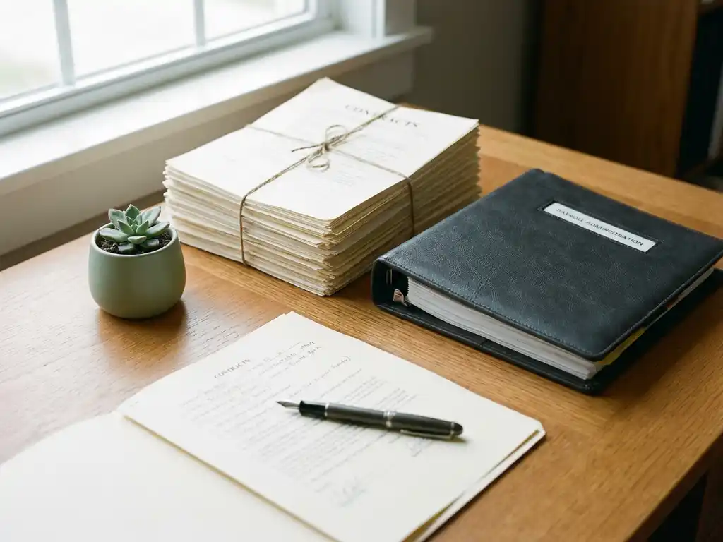 Stapel arbeidscontracten naast een payrolladministratiemap op een houten bureau, met pen, plant en zacht natuurlijk licht.