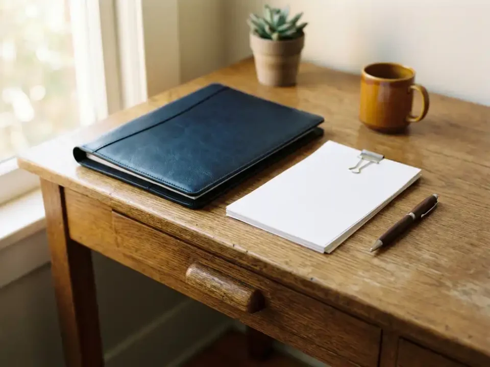 Eikenhouten bureau met gesloten leren portfolio, witte documenten en pen in zacht ochtendlicht.