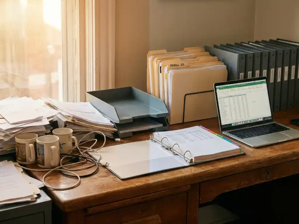 Opgeruimd bureau met gesorteerde salarisadministratie documenten, gelabelde mappen en open ordner naast laptop in warm gouden licht.