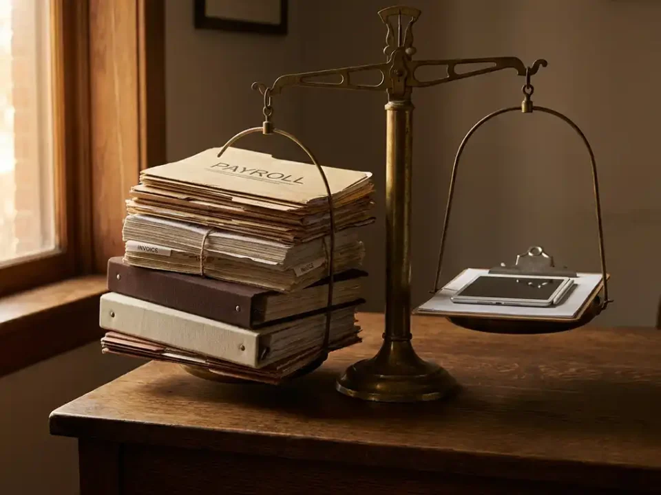 Messing weegschaal op donker eiken bureau met stapel salarismappen en facturen tegenover een modern klembord, dramatische zijverlichting.