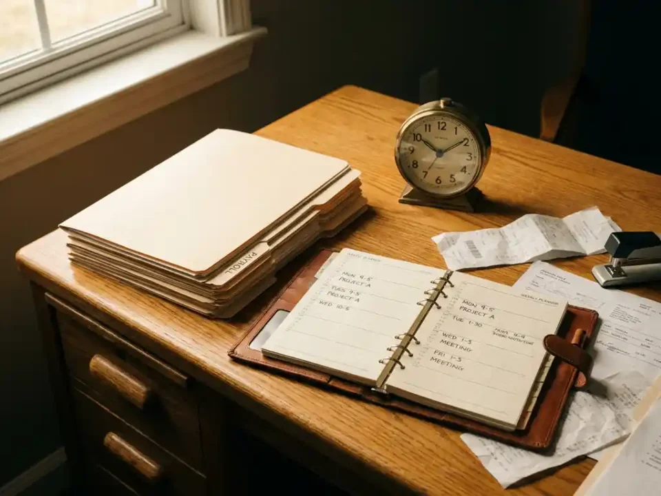Stapel loonmappen naast een open weekplanner met tijdblokken, bureauklok en documenten op een eiken bureau.