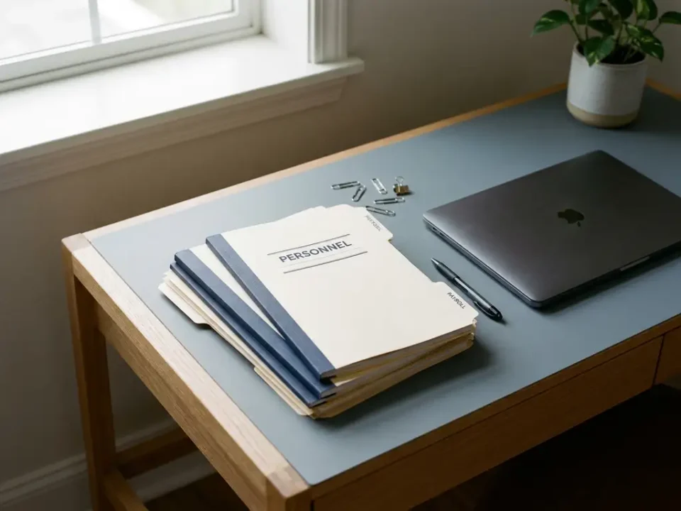 Georganiseerde personeelsmappen en salarisadministratie naast laptop op kantoorbureau, met potplant, paperclips en pen in natuurlijk zijlicht.