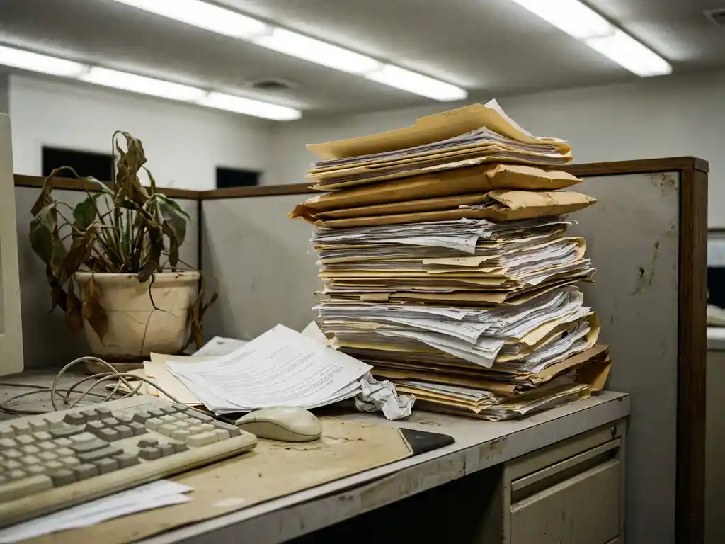 Hoge stapel overvolle papieren mappen op een rommelig kantoorbureau met verouderd toetsenbord en verwelkte plant onder tl-verlichting.