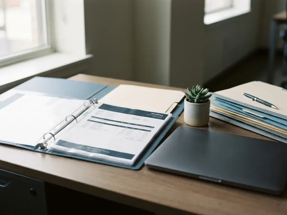 Open map met salarisadministratie documenten naast laptop op kantoorbureau, met potplant, gestapelde mappen en pen in zacht natuurlijk licht.