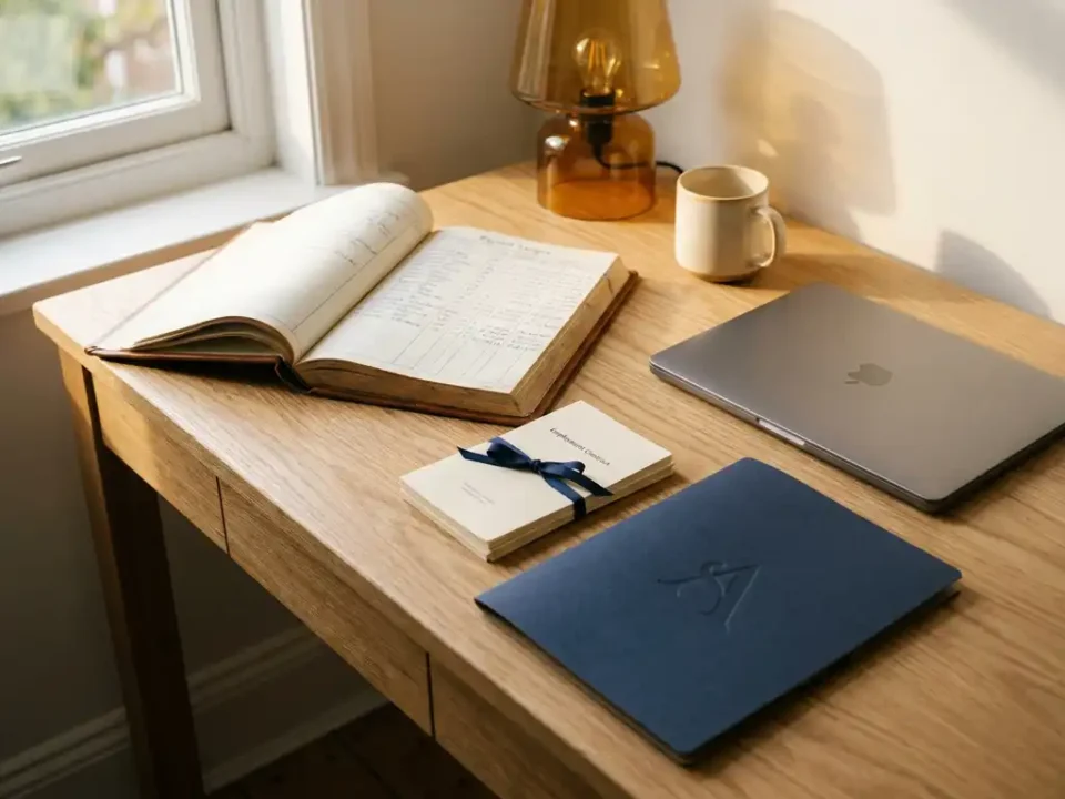 Eikenhouten bureau met opengeslagen salarisadministratie, arbeidscontracten en laptop in warm ochtendlicht.