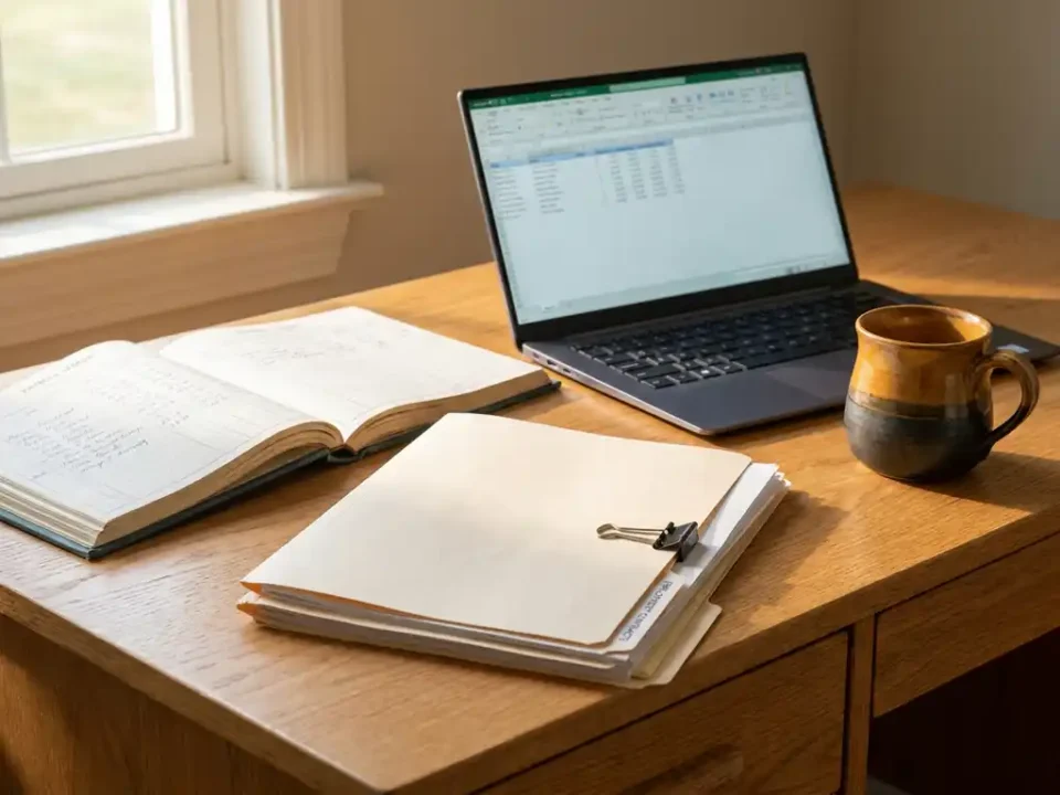 Eikenhouten bureau met opengeslagen salarisadministratie, arbeidscontracten en laptop in warm ochtendlicht.