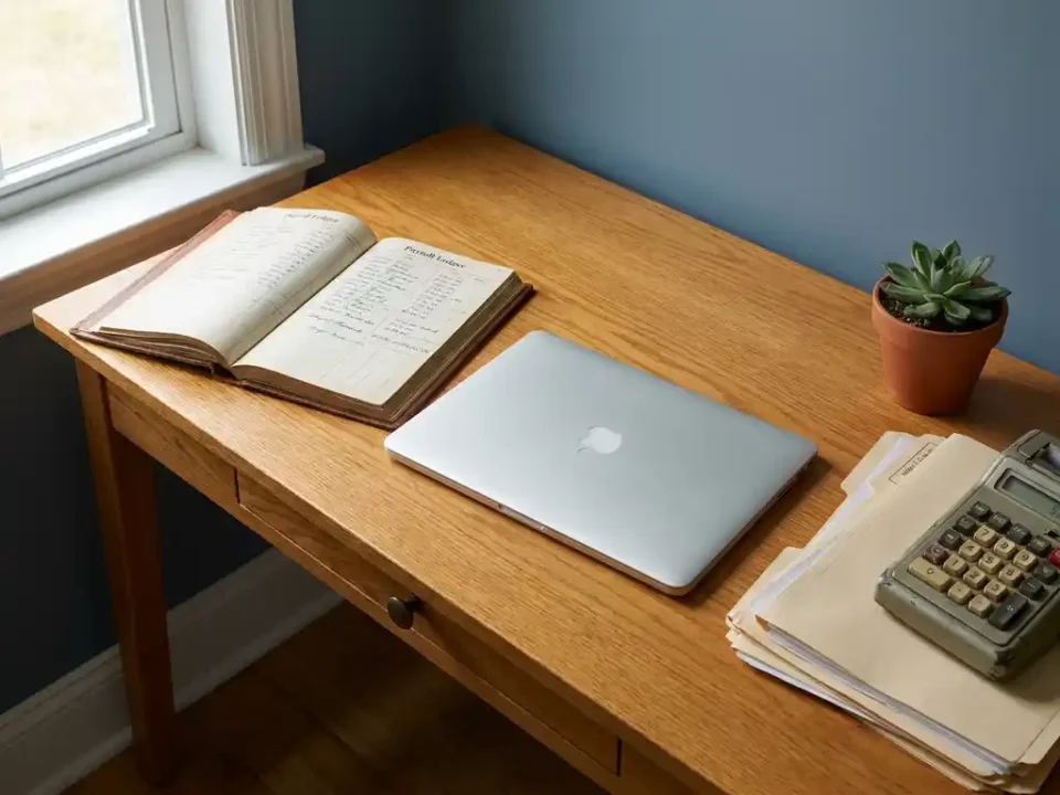 Eikenhouten bureau met open salarisadministratieboek, laptop, gestapelde mappen, rekenmachine en vetplantje in zacht natuurlijk licht.