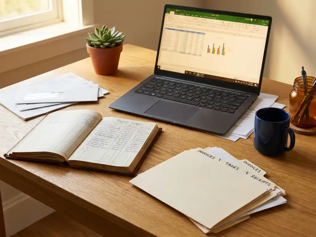Eikenhouten bureau met open salarisadministratie, manila mappen, laptop en vetplant in warm gouden licht.