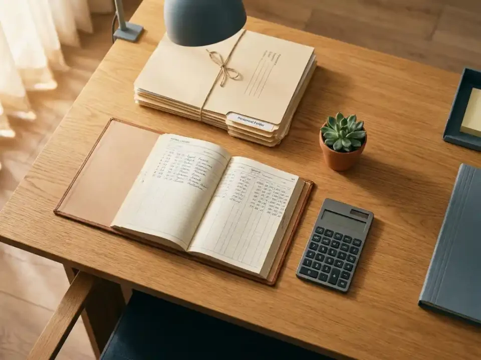 Eikenhouten bureau met opengeslagen salarisadministratieboek, personeelsmappen, rekenmachine en vetplantje in modern kantoor.