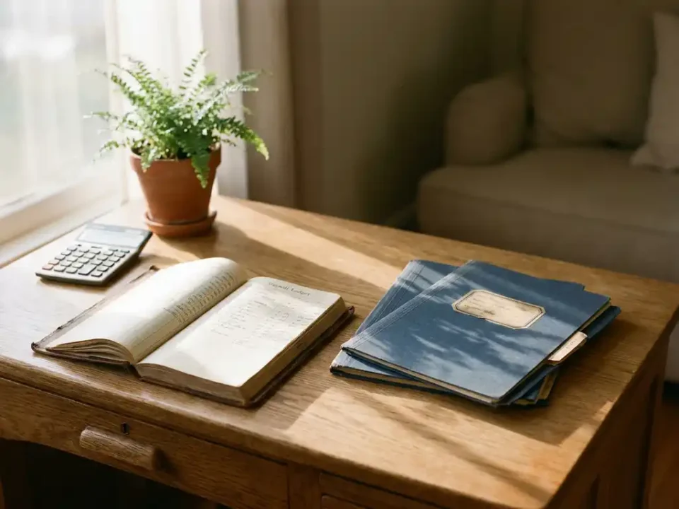 Eikenhouten bureau met open salarisadministratieboek, rekenmachine en groene plant in warm ochtendlicht.