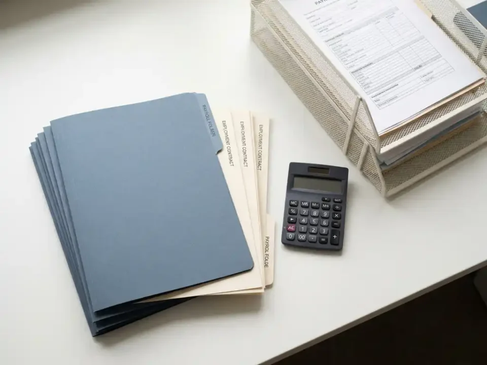 Stapel salarisadministratie mappen en arbeidscontracten naast een calculator op een wit bureau met een geordend postvak.