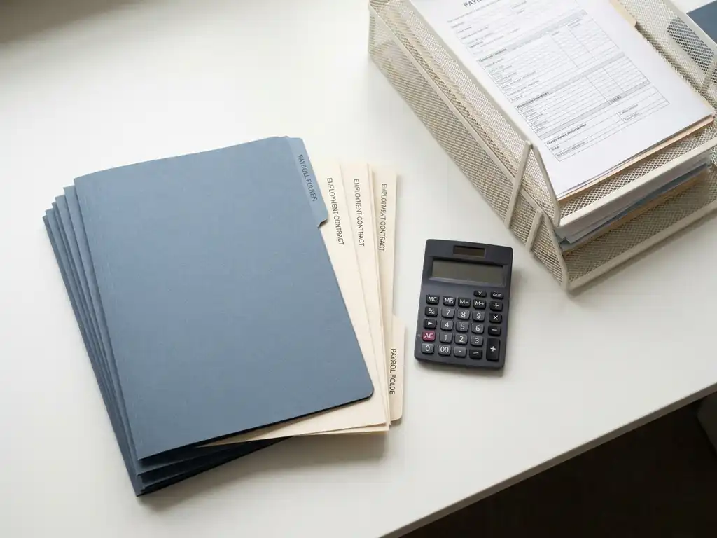 Stapel salarisadministratie mappen en arbeidscontracten naast een calculator op een wit bureau met een geordend postvak.
