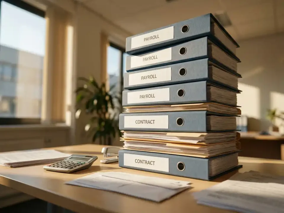 Hoge stapel salarisadministratie-mappen en contractdossiers op modern bureau met rekenmachine en administratieve documenten, gefotografeerd vanuit lage hoek.