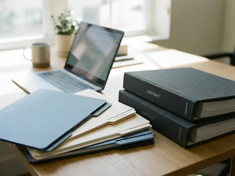 Georganiseerde salarisadministratiemappen en contractordners op een modern bureau naast een laptop in zacht ochtendlicht.