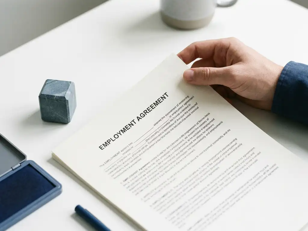 Hand houdt formeel arbeidscontract boven wit bureau naast officieel zegel, symboliseert juridisch bindende werkgelegenheid.