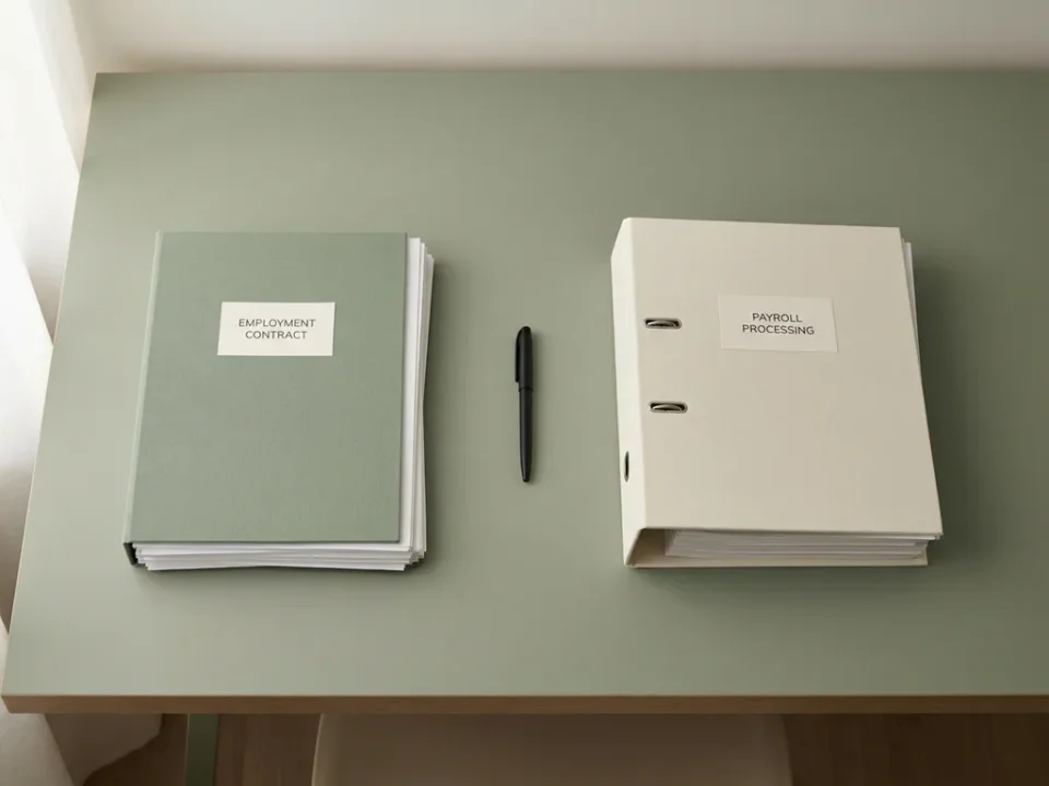 Administratief bureau met arbeidscontractmap en salarisadministratiemap naast elkaar, pen ertussen, saliegroen en gebroken wit, natuurlijk zijlicht.