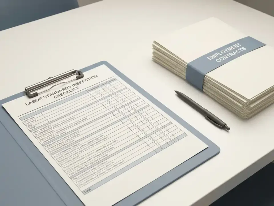 Arbeidsinspecteur klembord met checklist naast gestapelde arbeidscontracten en pen op bureau, in rustige blauw-witte tinten.