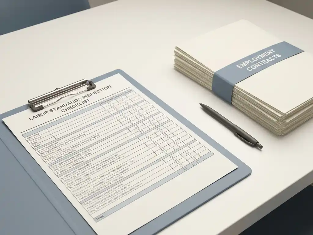 Arbeidsinspecteur klembord met checklist naast gestapelde arbeidscontracten en pen op bureau, in rustige blauw-witte tinten.