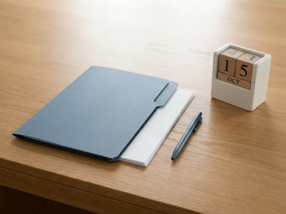 Opgeruimd houten bureau met map, witte contracten, pen en minimalistische kalender in warme, zakelijke stijl.