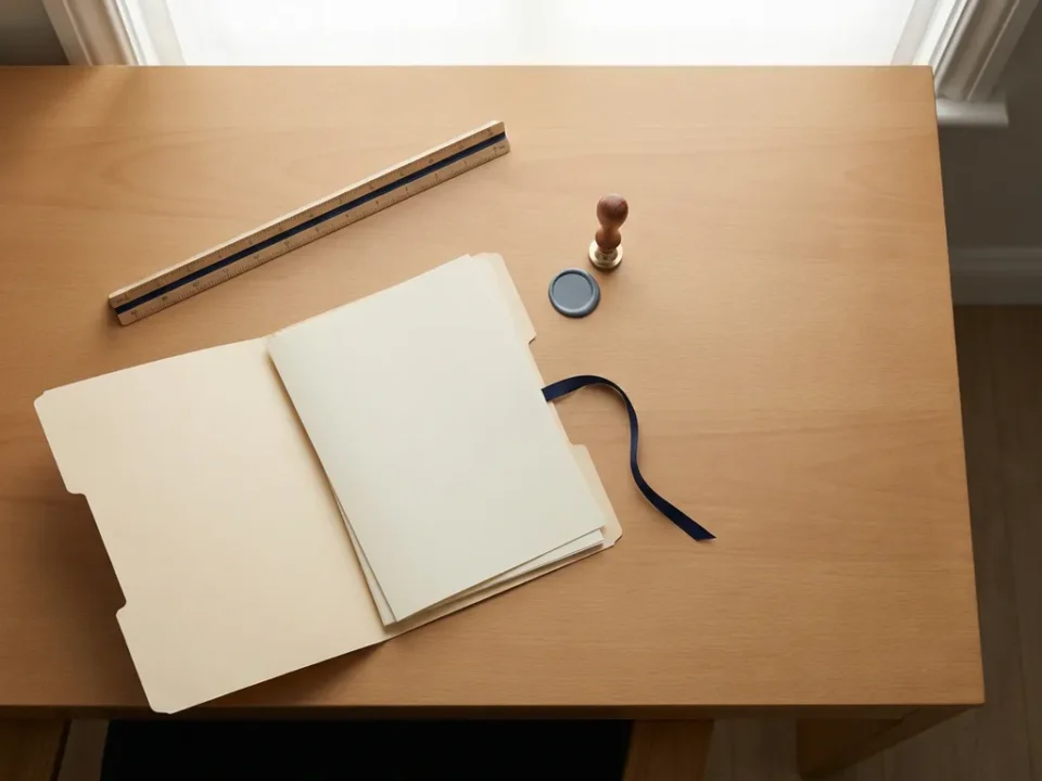 Houten bureau met open officieel documentmap, stempelzegel en architectuurliniaal in zacht noorderlicht.