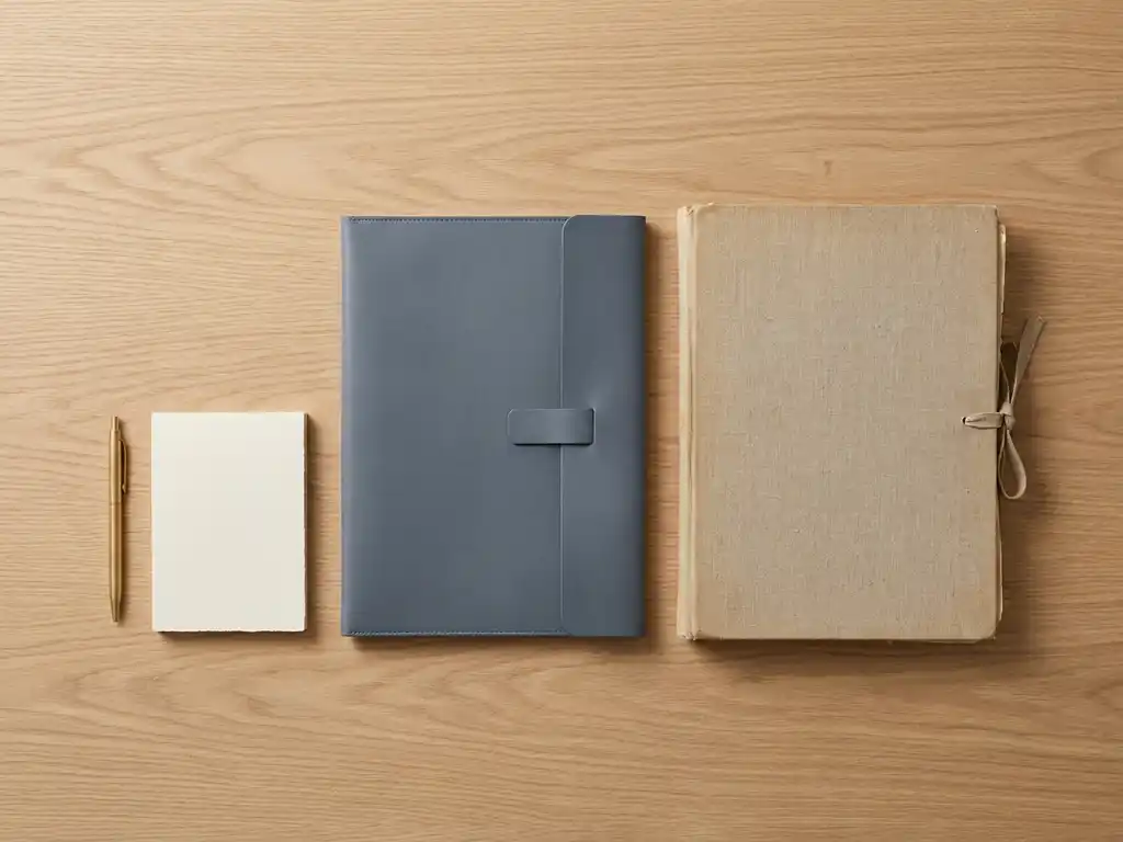 Bovenaanzicht van een eikenhouten bureau met twee documentmappen naast elkaar, een pen en papieren in warme beige en leisteen blauwtinten.