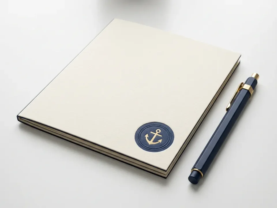Gesloten certificeringsmap op wit bureau met gestempeld zegel en geometrische pen, in marineblauw en goudtinten.