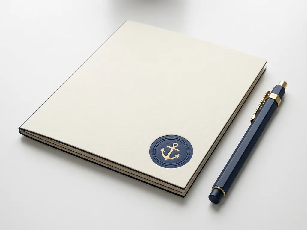 Gesloten certificeringsmap op wit bureau met gestempeld zegel en geometrische pen, in marineblauw en goudtinten.