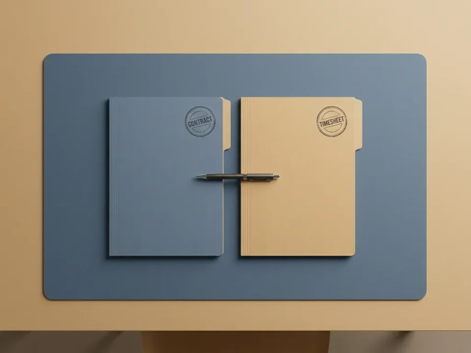 Twee documentmappen op een opgeruimd bureau, gelabeld als contract en urenstaat, met een pen dwars over beide.