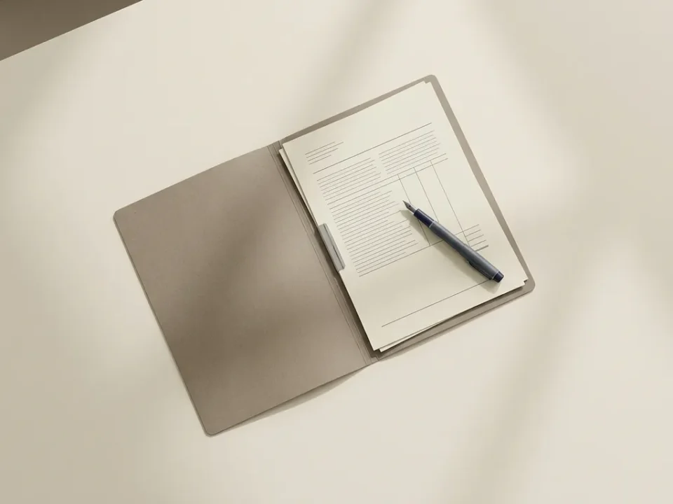 Open map met contractdocumenten en pen op een strak executief bureau, bovenaanzicht in warme ivoor- en marineblauw tinten.