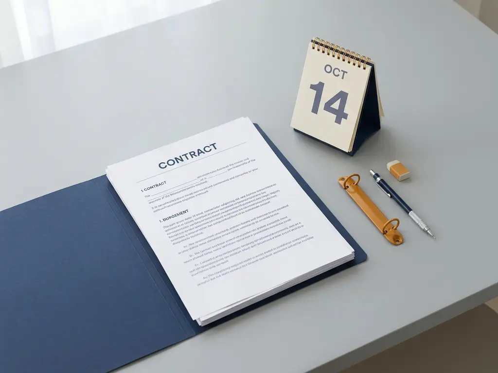 Open map met gestapelde contractdocumenten, bureaukalender en mechanisch potlood op lichtgrijs bureau in minimalistische kantooropstelling.