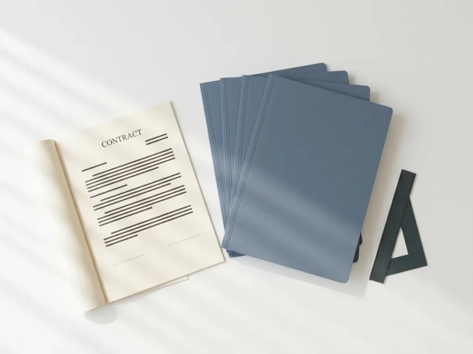 Gestapelde documentmappen en een open contractpagina op een wit bureau met een geometrische liniaal, strakke minimalistische kantooropstelling.