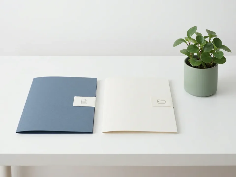 Twee identieke mappen op een minimalistisch wit bureau, één met contractdocument en één met personeelsdossier, naast een groene kamerplant.