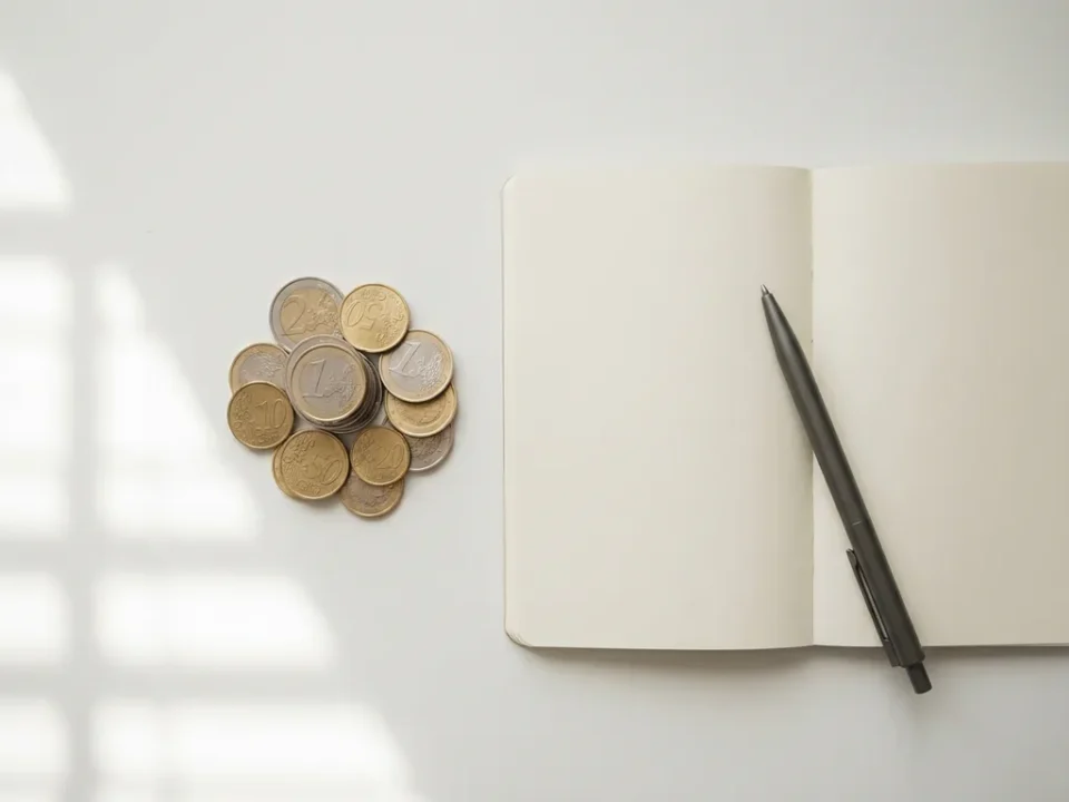 Stapel euromunten naast een open notitieboek met pen op een minimalistisch wit bureau, bovenaanzicht in zacht natuurlijk licht.