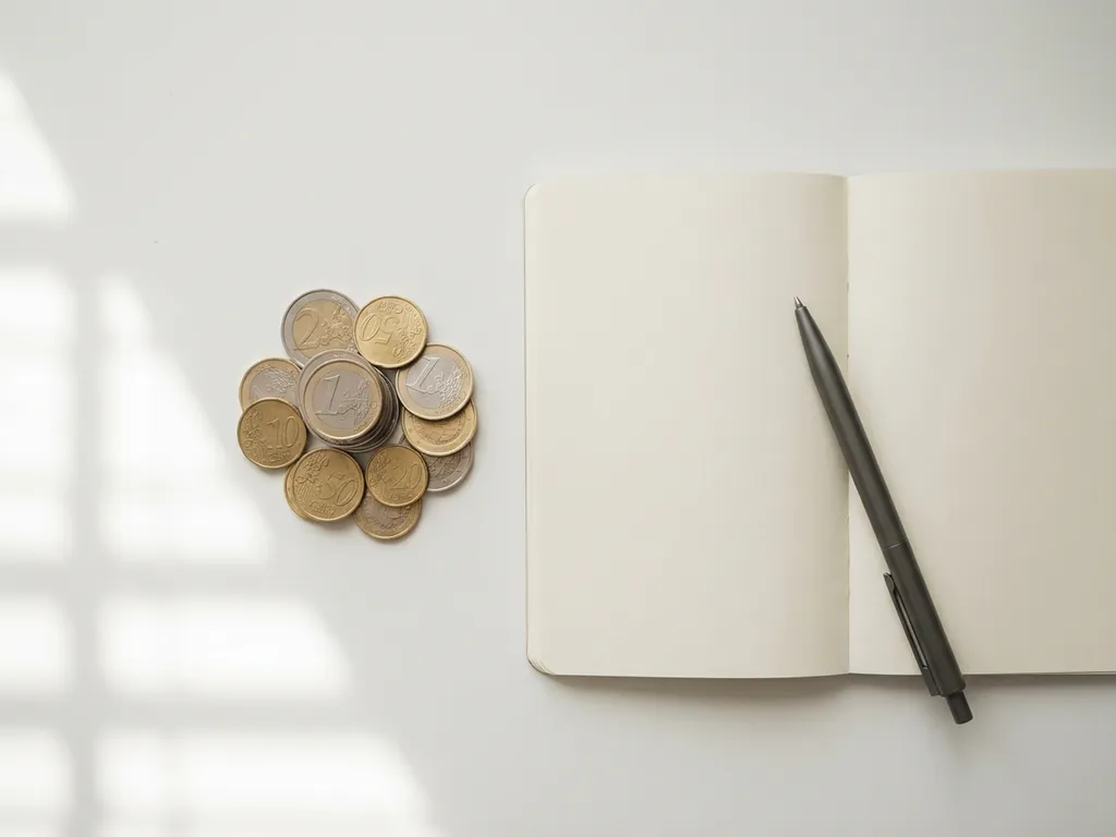 Stapel euromunten naast een open notitieboek met pen op een minimalistisch wit bureau, bovenaanzicht in zacht natuurlijk licht.