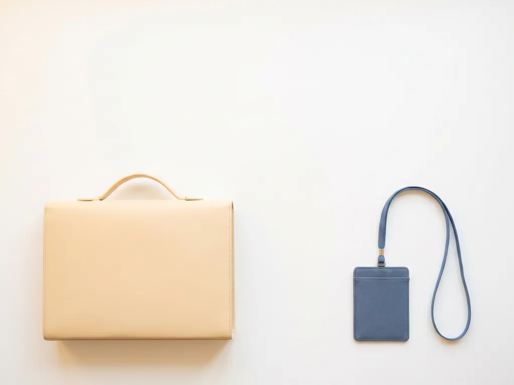 Minimalistische bovenaanzicht van een zelfstandige aktetas en een badge aan lanyard op wit bureau, symboliseert freelancer versus uitzendbureau.