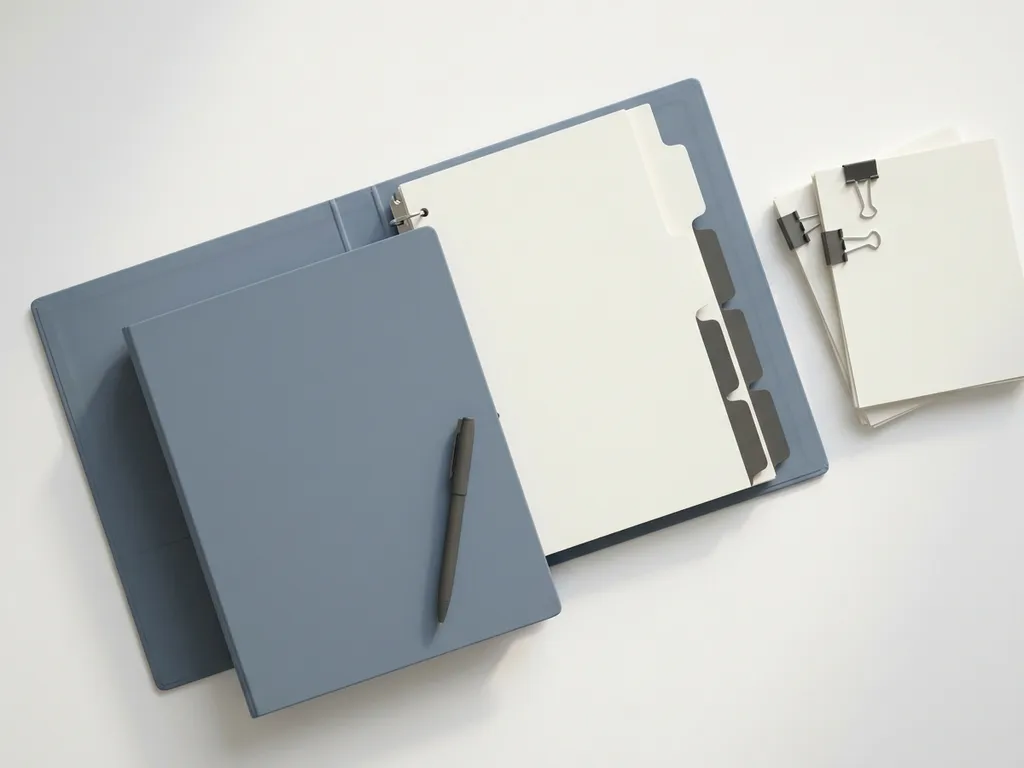 Opengeslagen ordner met gekleurde tabbladen op wit bureau, pen diagonaal op de omslag, gesorteerde documenten ernaast.