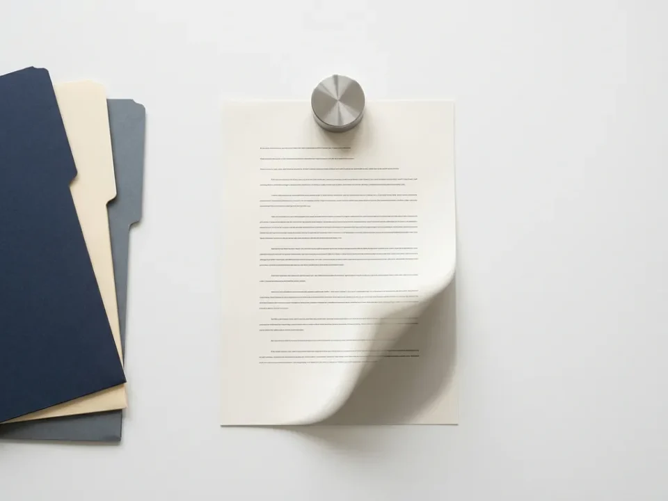 Juridisch contract op wit bureau, vastgehouden door metalen presse-papier, met administratieve mappen op de achtergrond.