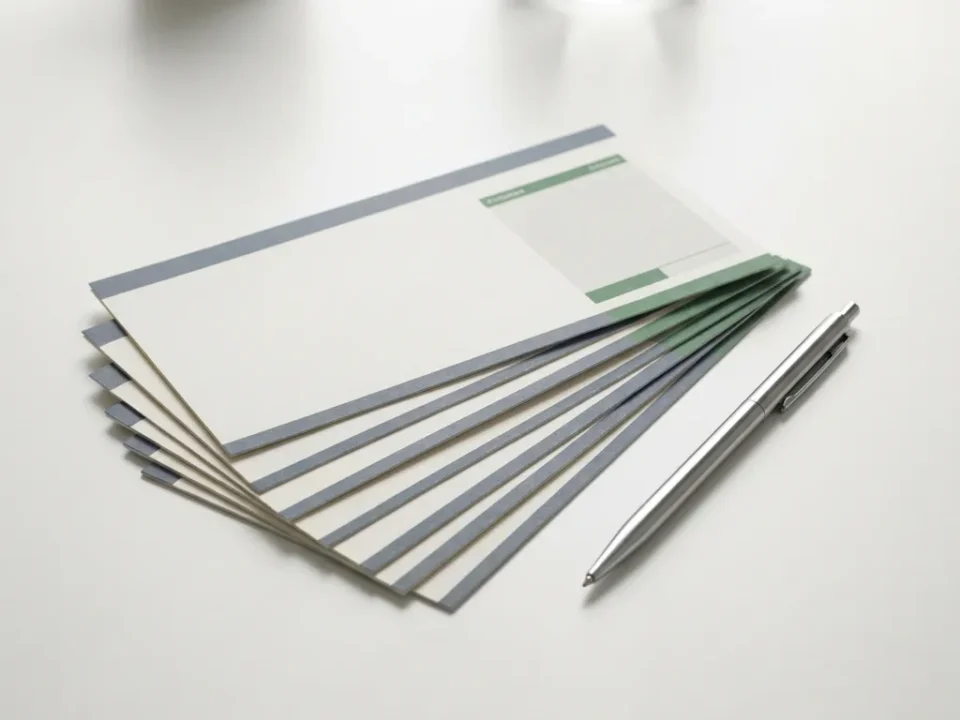 Stapel loonstrookjes op wit bureau met zilveren pen, strakke minimalistische compositie in wit, grijs en groen.