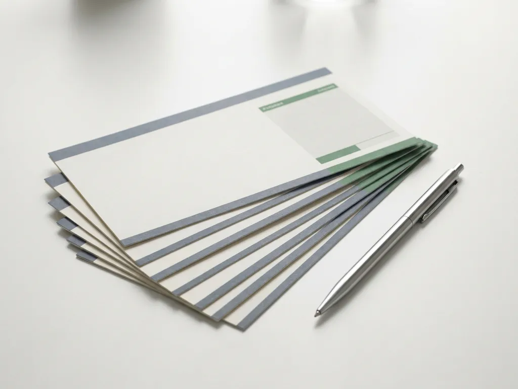 Stapel loonstrookjes op wit bureau met zilveren pen, strakke minimalistische compositie in wit, grijs en groen.