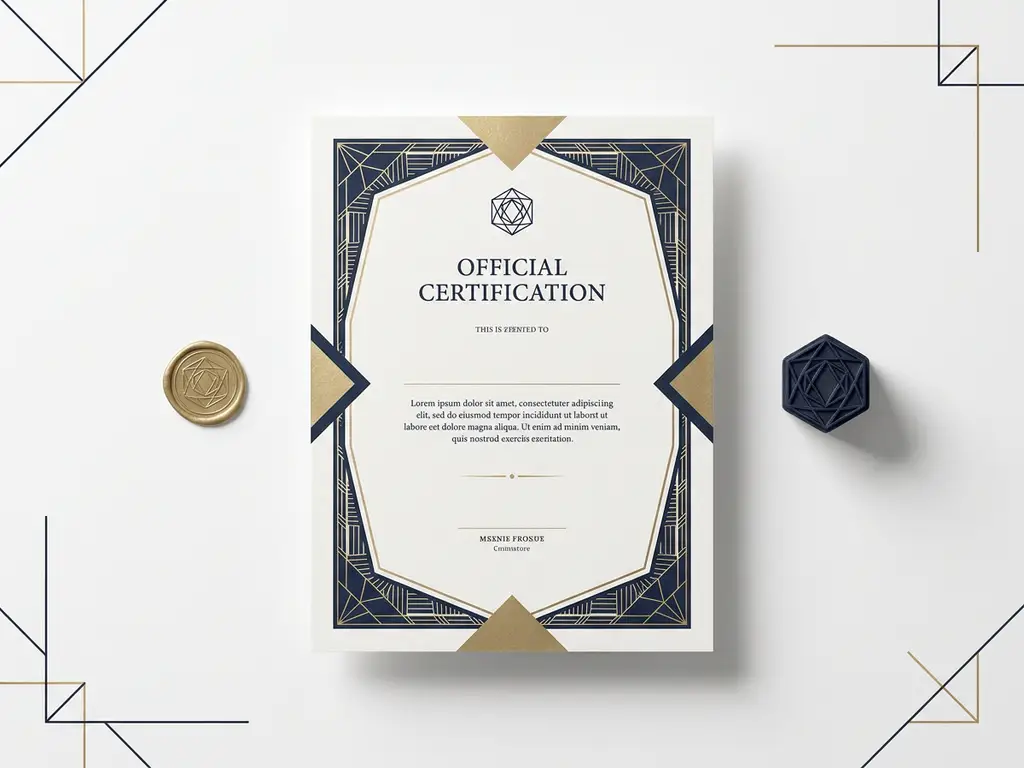 Officieel certificeringsdocument op wit bureau met gouden kwaliteitszegel en geometrisch stempel in marineblauw en goud.