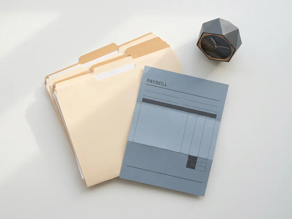 Georganiseerde personeelsmappen en salarisadministratie documenten op een wit bureau met een geometrische klok, bovenaanzicht.