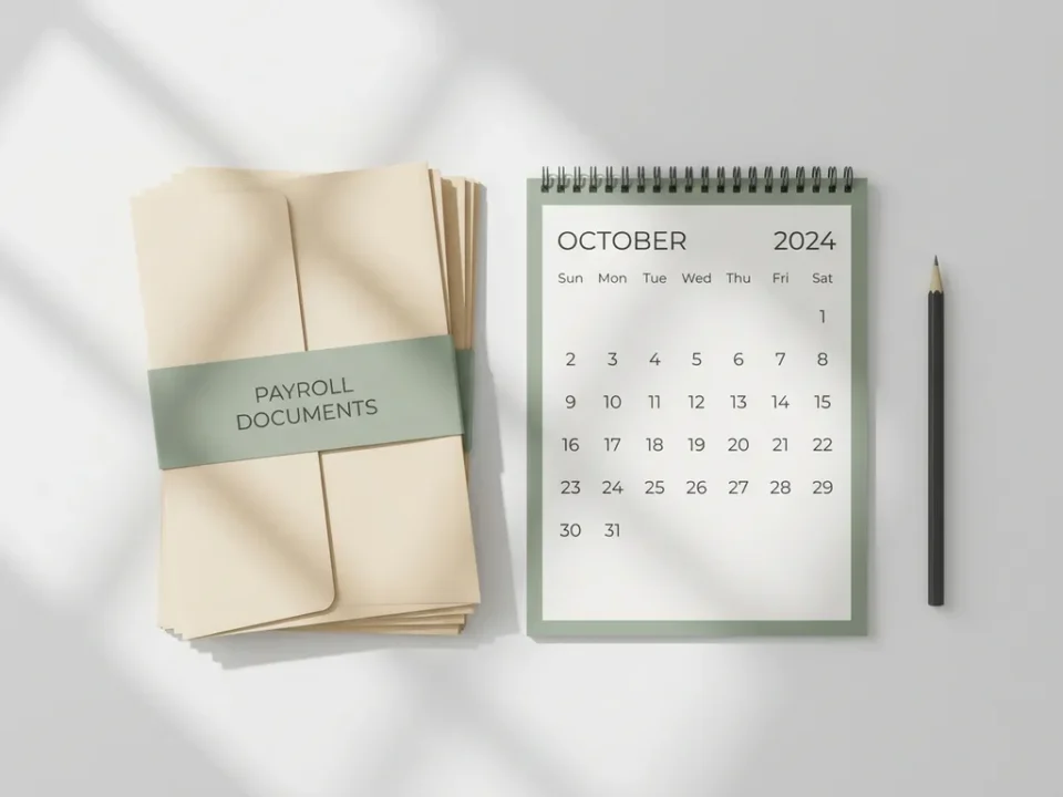 Nette stapel salarisdocumenten naast een bureaukalender en potlood op wit oppervlak, minimalistisch flatlay in saliegroen en gebroken wit.