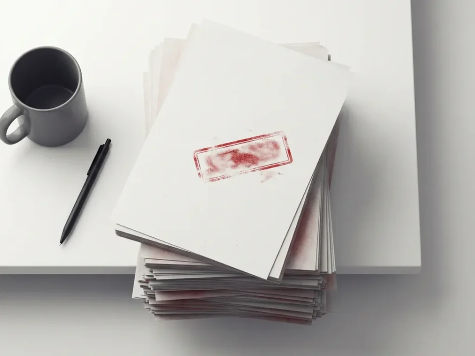 Stapel salarisadministratie documenten op het randje van een wit bureau met een scheef rood stempel, symbool voor fouten en juridisch risico.