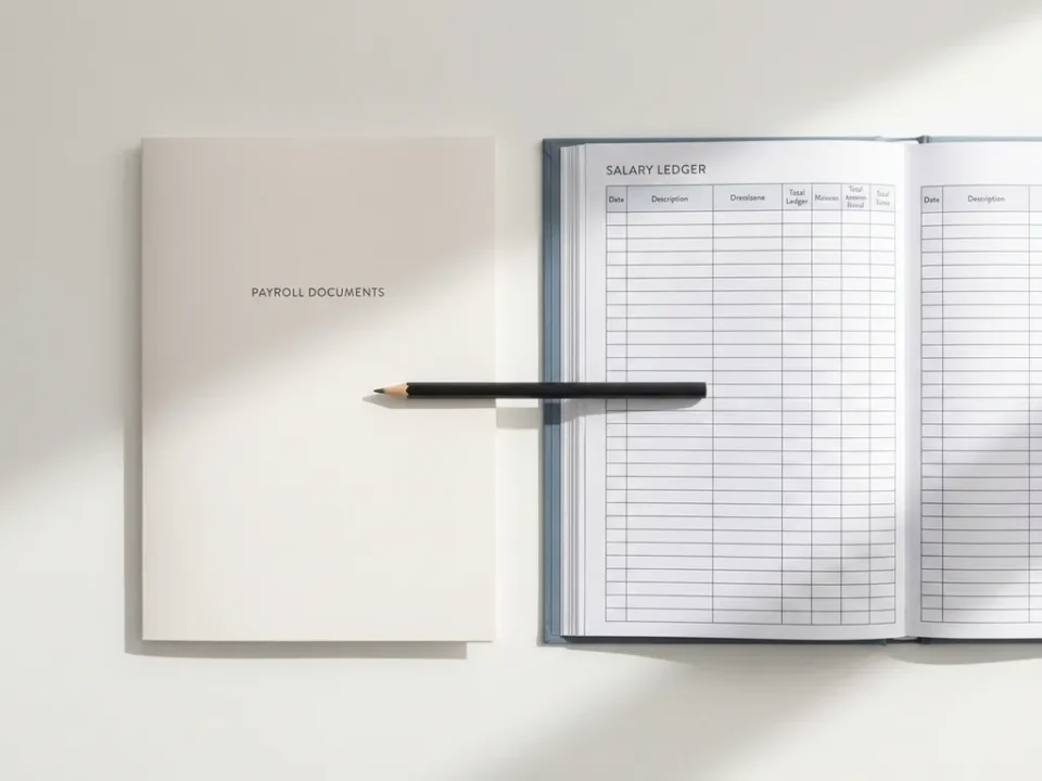 Salarisadministratie map en loonlijst naast elkaar op wit bureau met potlood, minimalistisch bovenaanzicht in zachte neutrale tinten.