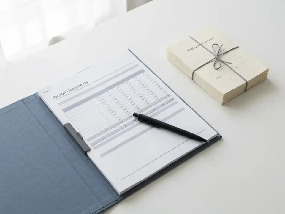 Open salarisadministratiemap met arbeidscontracten en pen op wit bureau, gefotografeerd van bovenaf in natuurlijk licht.