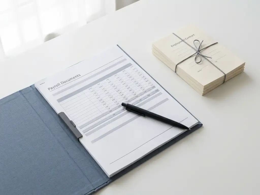Open salarisadministratiemap met arbeidscontracten en pen op wit bureau, gefotografeerd van bovenaf in natuurlijk licht.