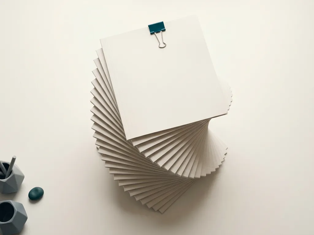 Stapel witte loonmappen op een minimalistische bureauondergrond, met het bovenste dossier iets groter, in tinten wit, grijs en blauwgroen.
