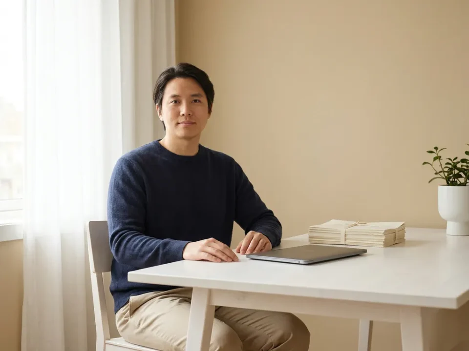 Eigenaar van klein uitzendbureau aan opgeruimd bureau met salarisadministratie documenten en laptop, rustige werksfeer.